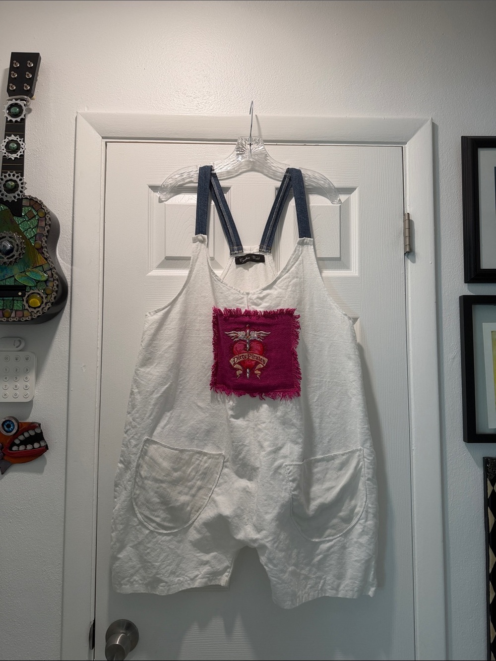 NEW Cotton Romper- Pink Dirty Pirate Patch, blue Jean Straps & back pockets